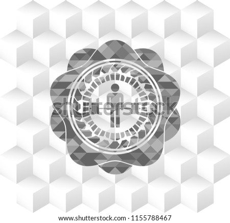 deadlift icon inside retro style grey emblem with geometric cube white background