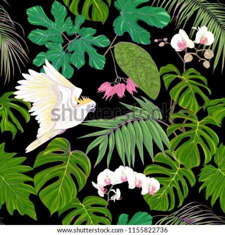 Seamless pattern, background. with tropical plants and flowers with white orchid and tropical birds. Colored vector illustration in neon, fluorescent colors on black background
