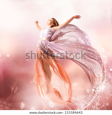 Fairy. Beautiful Girl in Blowing Dress Flying. Magic