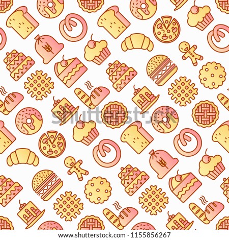 Bakery seamless pattern with thin line icons: toast bread, pancakes, flour, croissant, donut, pretzel, cookies, gingerbread man, cupcake, burger, apple pie, pizza, waffle. Modern vector illustration.