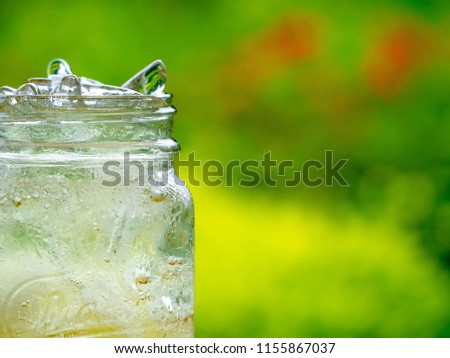 Clear glass filled with cool small ice put in the garden with a green background.