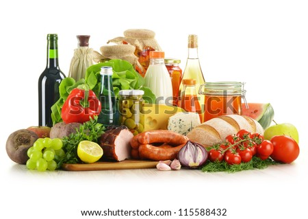 Composition with variety of grocery products including vegetables, fruits, meat, dairy and wine Royalty-Free Stock Photo #115588432