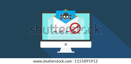 Desktop and envelope with document and skull icon. Virus, malware, email fraud, e-mail spam, phishing scam, hacker attack concept. Trendy flat design graphic with long shadow. Vector illustration
