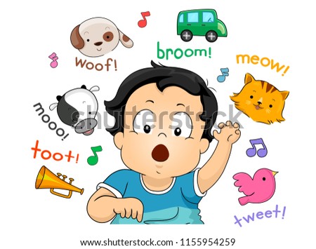 Illustration of a Kid Boy Toddler Imitating Sounds from Animals, a Car and a Horn