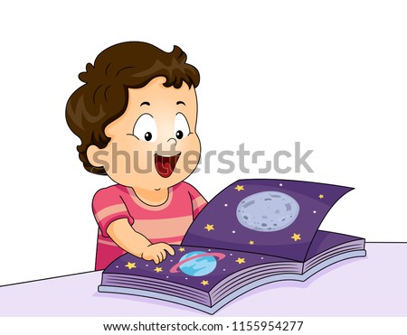 Illustration of a Kid Boy Toddler Looking at Picture Books About the Outer Space