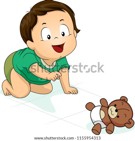 Illustration of a Kid Boy Toddler Crawling Down the Floor Towards His Stuffed Teddy Bear Toy