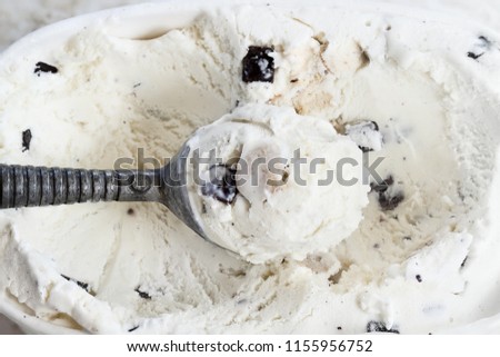 Overhead shot of chocolate chip cookie dough ice cream viewed from above.