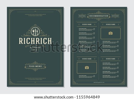 Restaurant menu design and label vector brochure template. Kitchen tools illustrations and ornament decoration.