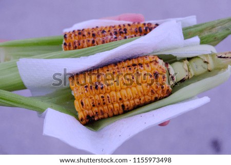 Awesome Greek grilled corn. Grilled vegetables is significant type from street food culture of many peoples. Roasted corn with black and orange grains, in close up picture.
