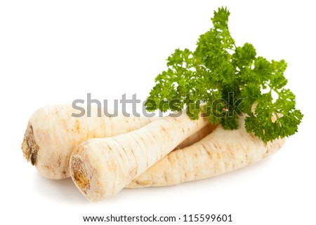 Fresh organic parsley root with parsley on white background Royalty-Free Stock Photo #115599601
