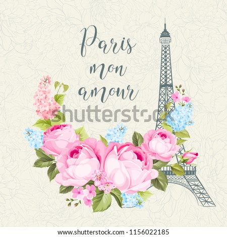Eiffel tower simbol with spring blooming flowers over floral pattern with sign Paris mon amour. Vector illustration.