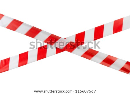 Crossed red white warning tape isolated on white