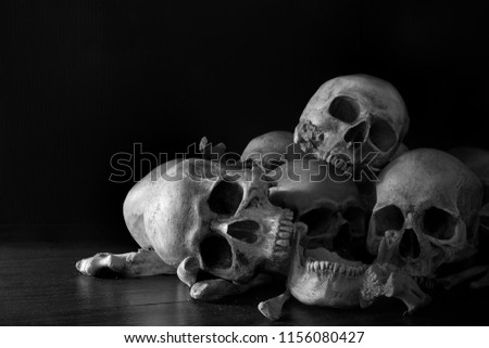 Pile of skulls and bones put on dark wooden plank which has dim light and the dark wall background / Selective focus, Still Life and space for texts and adjustment color black and white image

