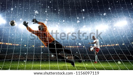 Attacker scores a goal and celebrates victory on a professional soccer stadium while it`s snowing. Stadium and crowd are made in 3D.