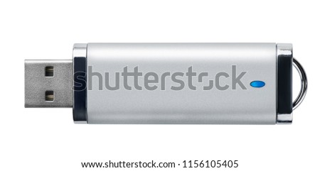 Side view of silver USB memory stick isolated on white Royalty-Free Stock Photo #1156105405
