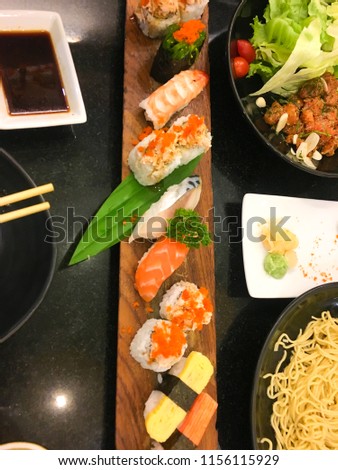Sushi rolls on a plate with salmon,tuna, royal prawn, cream cheese.Sushi menu. Japanese food.California Sushi,Japan restaurant menu.