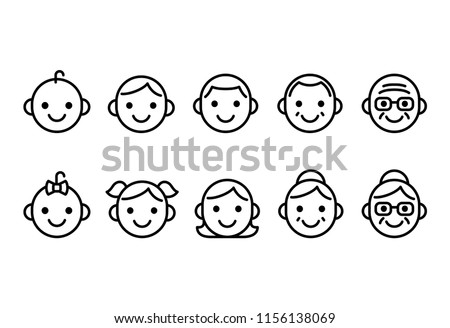 Line icons of people of different ages, from baby to senior, male and female. Cute and simple icon set. Royalty-Free Stock Photo #1156138069