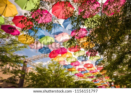 Colorful floating umbrellas hang above the street. Umbrella Sky Project in Coral Gables, Miami, Florida