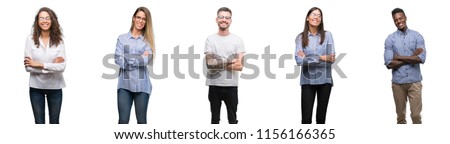 Group and team of young business people over isolated white background happy face smiling with crossed arms looking at the camera. Positive person.