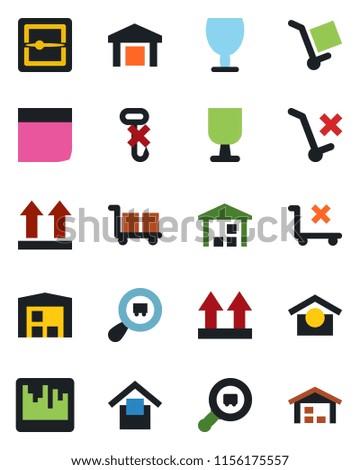 Color and black flat icon set - fragile vector, cargo, warehouse storage, up side sign, no trolley, hook, search, scanner, blank box