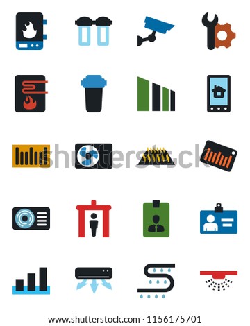 Color and black flat icon set - security gate vector, identity card, drip irrigation, sorting, barcode, root setup, air conditioner, water heater, home control app, filter, warm floor, surveillance