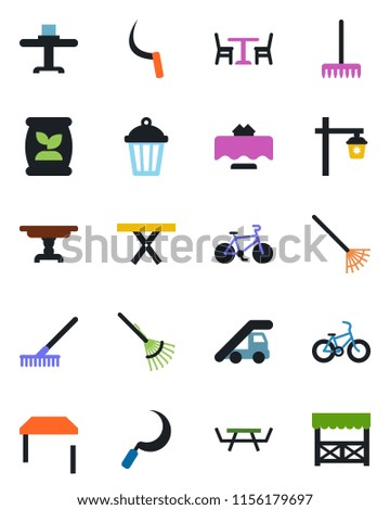Color and black flat icon set - cafe vector, ladder car, rake, sickle, garden light, picnic table, fertilizer, bike, restaurant, alcove