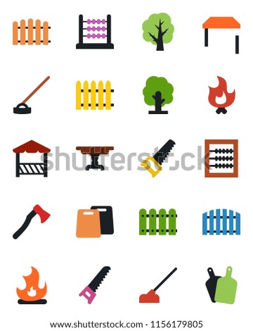 Color and black flat icon set - fence vector, tree, saw, fire, hoe, axe, abacus, table, alcove, cutting board