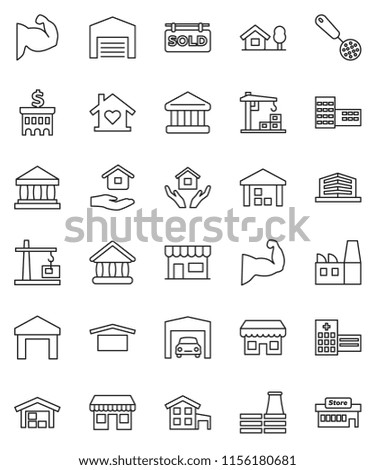 thin line vector icon set - house hold vector, skimmer, school building, university, bank, muscule hand, office, dry cargo, warehouse, hospital, cottage, chalet, garage, barn, sold signboard, store