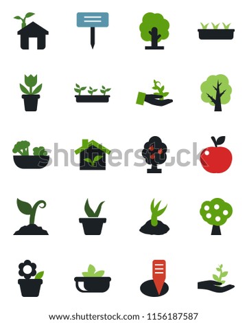 Color and black flat icon set - flower in pot vector, seedling, tree, sproute, plant label, fruit, salad, apple, eco house, palm