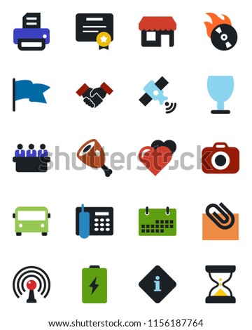 Color and black flat icon set - airport bus vector, meeting, printer, heart, fragile, flame disk, camera, antenna, satellite, calendar, paper clip, office phone, handshake, ham, information, battery