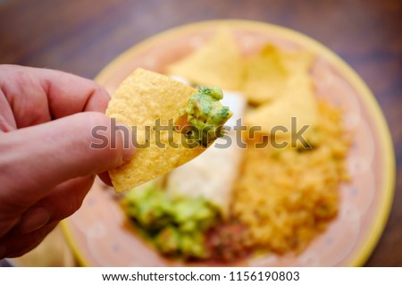 Authentic Mexican burrito and taquito dinner with rice and refried pinto beans
