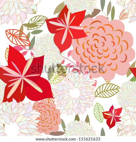 Seamless floral pattern. For easy making seamless pattern just drag all group into swatches bar, and use it for filling any contours.Raster version.