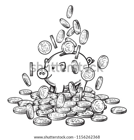 Cartoon piggy bank among falling coins on big pile of money. 2019 Chinese New Yea symbol. Wealth and success concept. Black and white sketch. Hand drawn  vector isolated on white background.