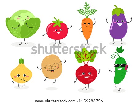 Set of different cute happy vegetable characters. Vector flat illustration isolated on white background