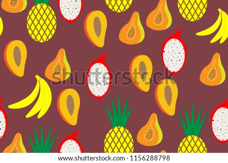 Vector seamless pattern of the tropical fruits. Maroon background