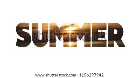 Word summer combined with natural background picture representing season. Inscription in capital letters, retro text. Double exposure, isolated on white