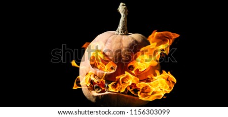 Concept of Halloween. The evil terrible pumpkin spews the hellish flames. Jack Lantern
