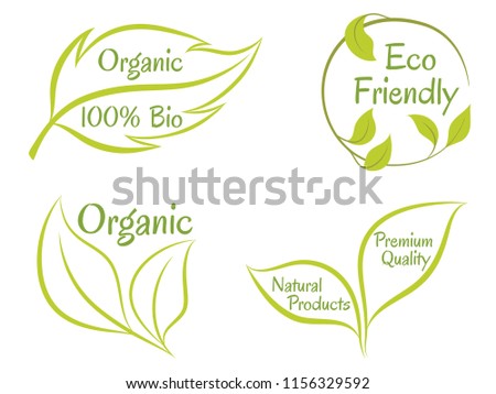 Eco friendly premium quality organic bio natural products labels vector set, green leaves logo icons. Food products packaging icons, organic natural eco and bio products of high quality labels.