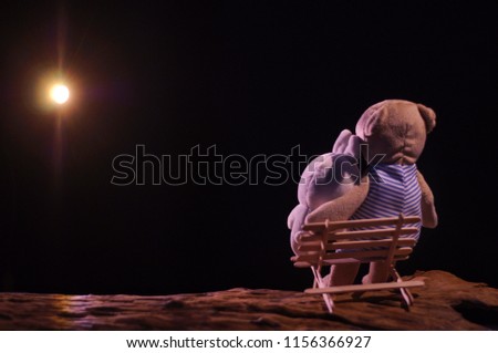 Teddy bear and rabbit dolls acting as couple sitting on bench that made from ice cream sticks and looking at the moon in the romantic night.