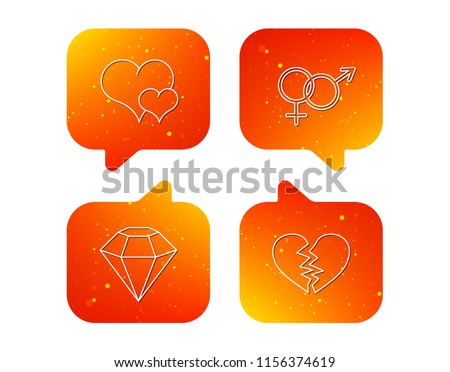 Love heart, brilliant diamond and male, female icons. Broken heart or divorce linear sign. Orange Speech bubbles with icons set. Soft color gradient chat symbols. Vector