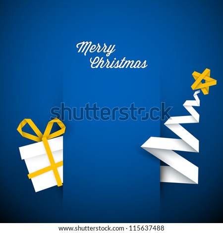 Simple vector blue christmas card with gift and tree made from paper stripe