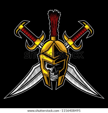 Spartan skull Greek Helmet and cross Sword vector illustration for t-shirt and other Royalty-Free Stock Photo #1156408495
