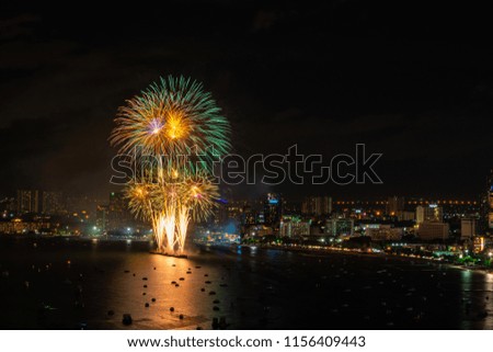 Beautiful fireworks on bay of Pattaya city in Thailand