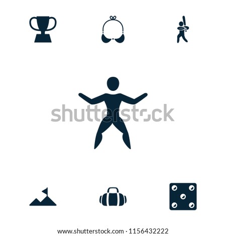 Sport icon. collection of 7 sport filled icons such as baseball player, trophy, mountain, bra, dice. editable sport icons for web and mobile.