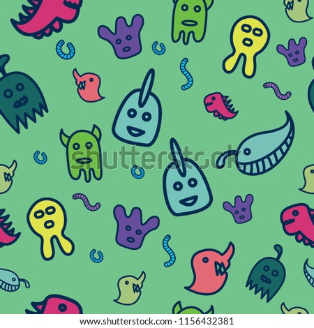 Seamless pattern with cute monster themes. Pattern background of various cute monster motifs