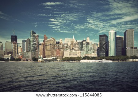 Lower Manhattan Skyline panoramic view, vintage style, New York City, USA