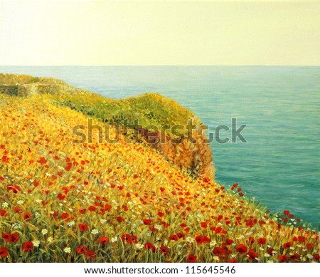 An oil painting on canvas of a beautiful seascape with vivid red poppies at the Black sea coast in the warm light of the sunset.