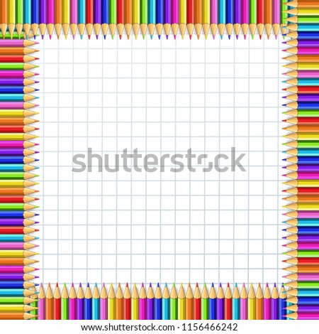 Vector square border frame made of multi colored wooden pencils on white checkered notebook sheet background. Back to school framework bordering template concept, with empty copy space for text.