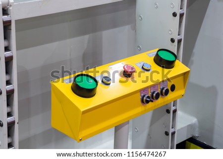 safety double green buttons push switch for forging machine ; industrial background Royalty-Free Stock Photo #1156474267