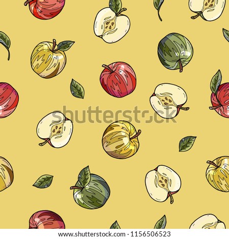 apples, seamless pattern on yellow background
